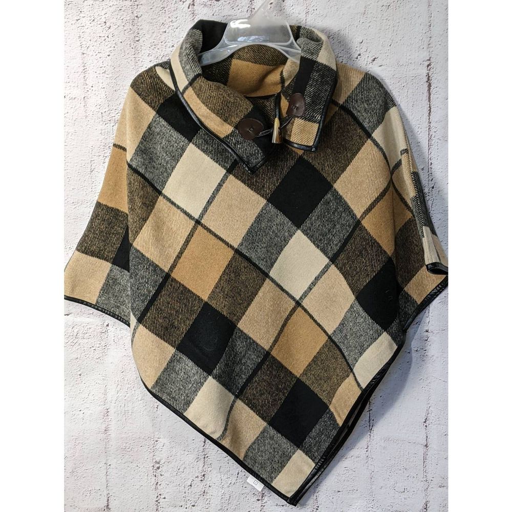 Poncho Brown Plaid with Leather Trim cowl Neck sz XS